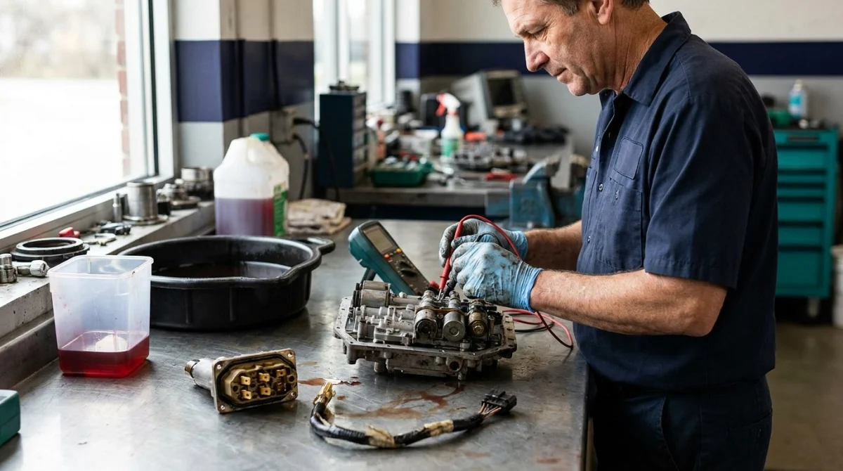 Technician inspecting solenoid, wiring, transmission fluid, and valve body for P0750 causes
File Name: common-p0750-causes-photo.jpg