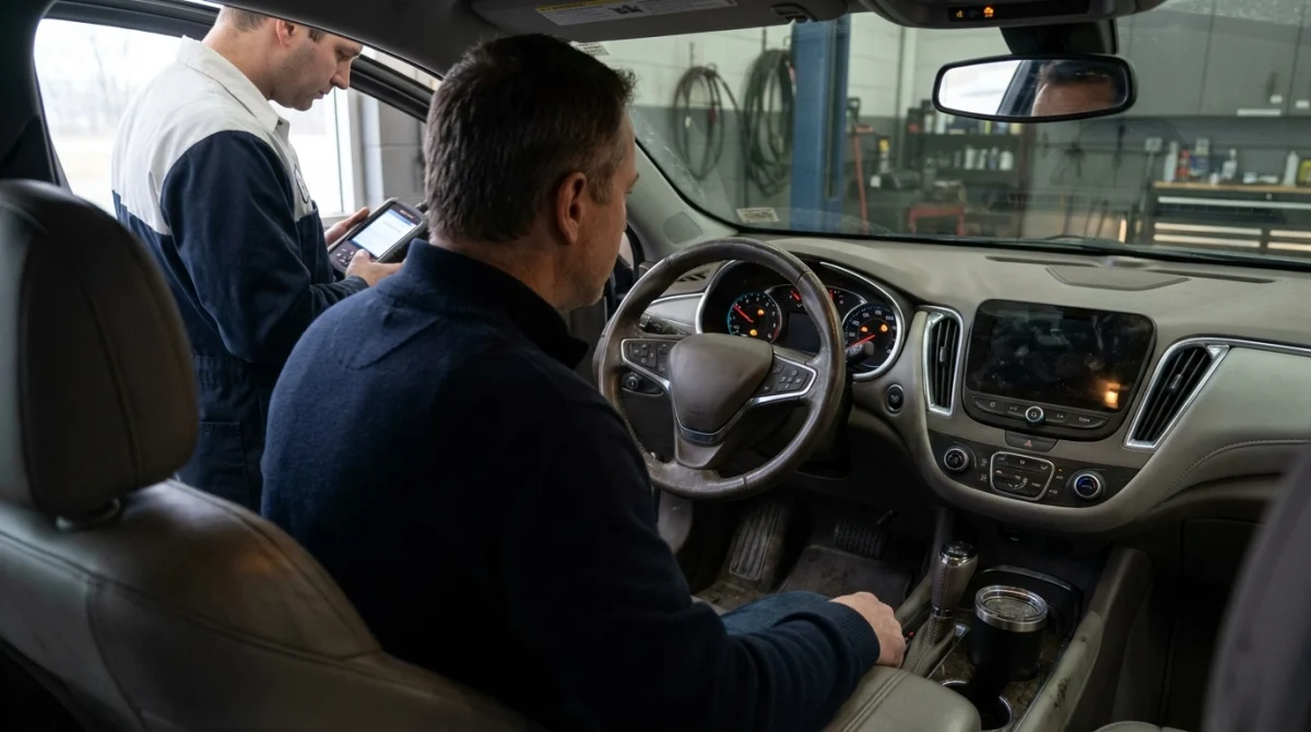 Driver and technician checking common P0750 symptoms including high RPM and Check Engine Light