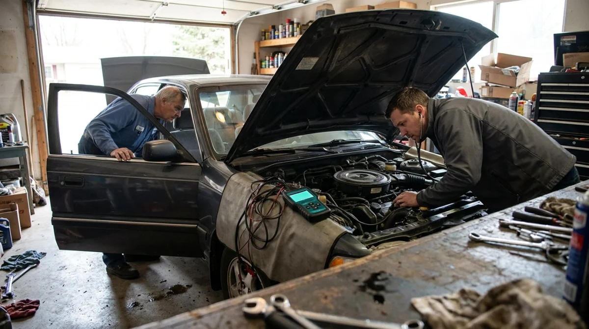 Driver and technician checking common P1101 symptoms while a vehicle idles with the hood open.