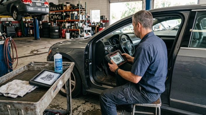 Technician diagnosing P0700 symptoms with a TCM-capable scanner before replacing transmission parts.