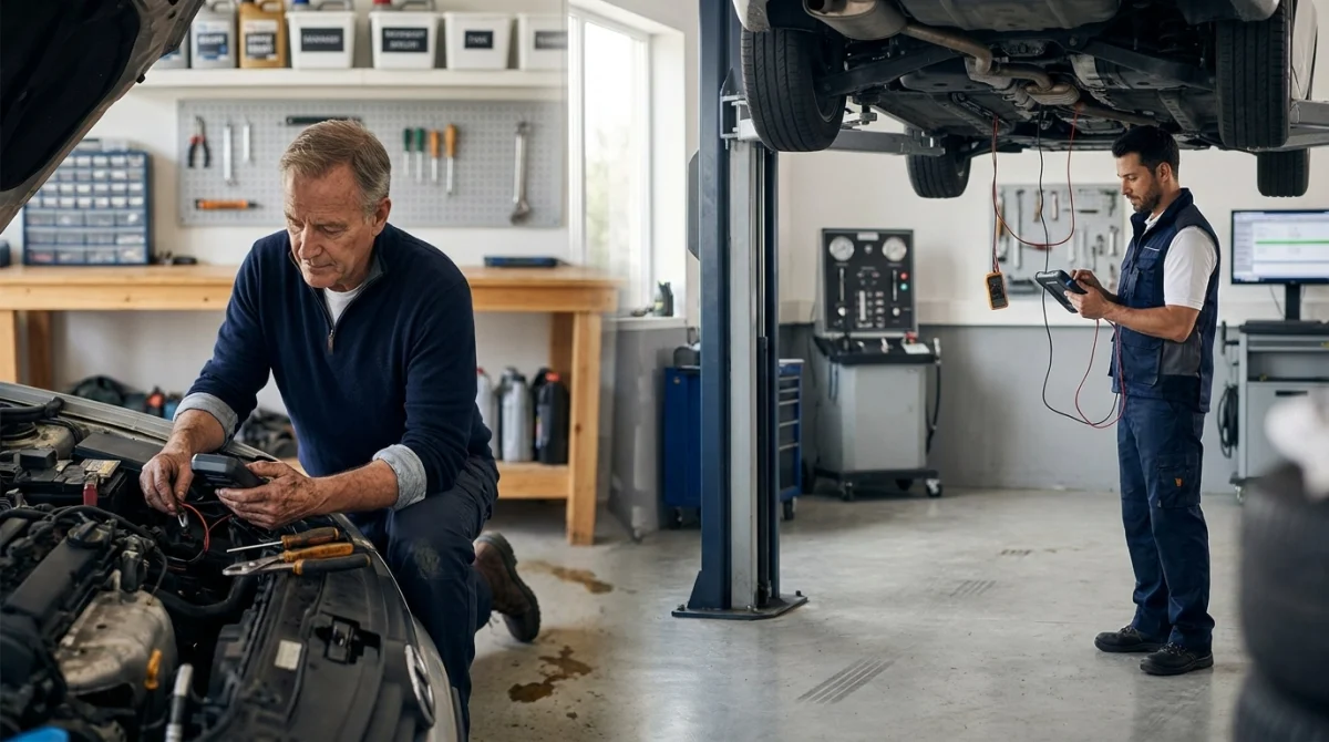 DIY owner scanning P0750 beside professional technician performing advanced transmission diagnosis