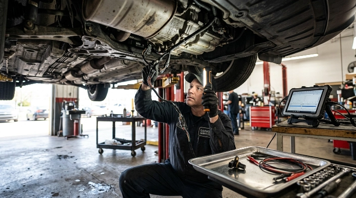 Technician inspecting transmission components and wiring while repairing a vehicle with P0720 symptoms.