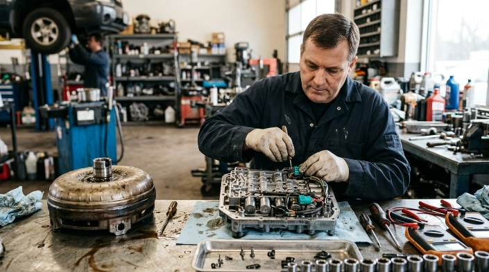 Technician repairing transmission components related to P0740, including solenoids, wiring, and torque converter.