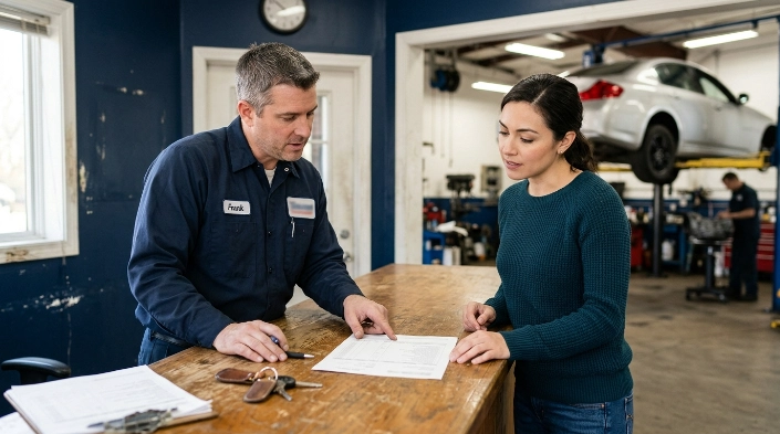 Vehicle owner reviewing a P0740 repair estimate with a transmission technician before approving work