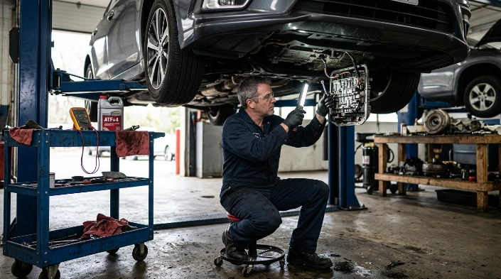 Transmission technician repairing a confirmed P0740 fault near the valve body and TCC circuit