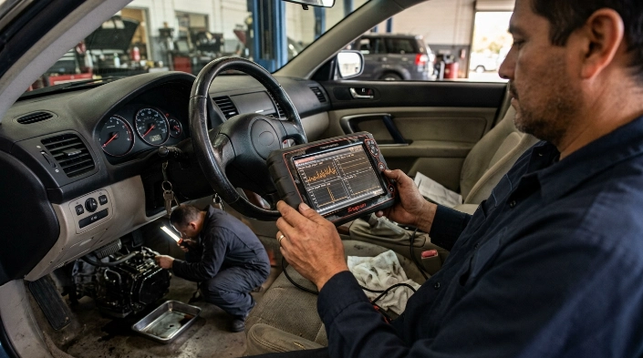 Technician confirming a P0730 repair with live scan data, road testing, and leak inspection
