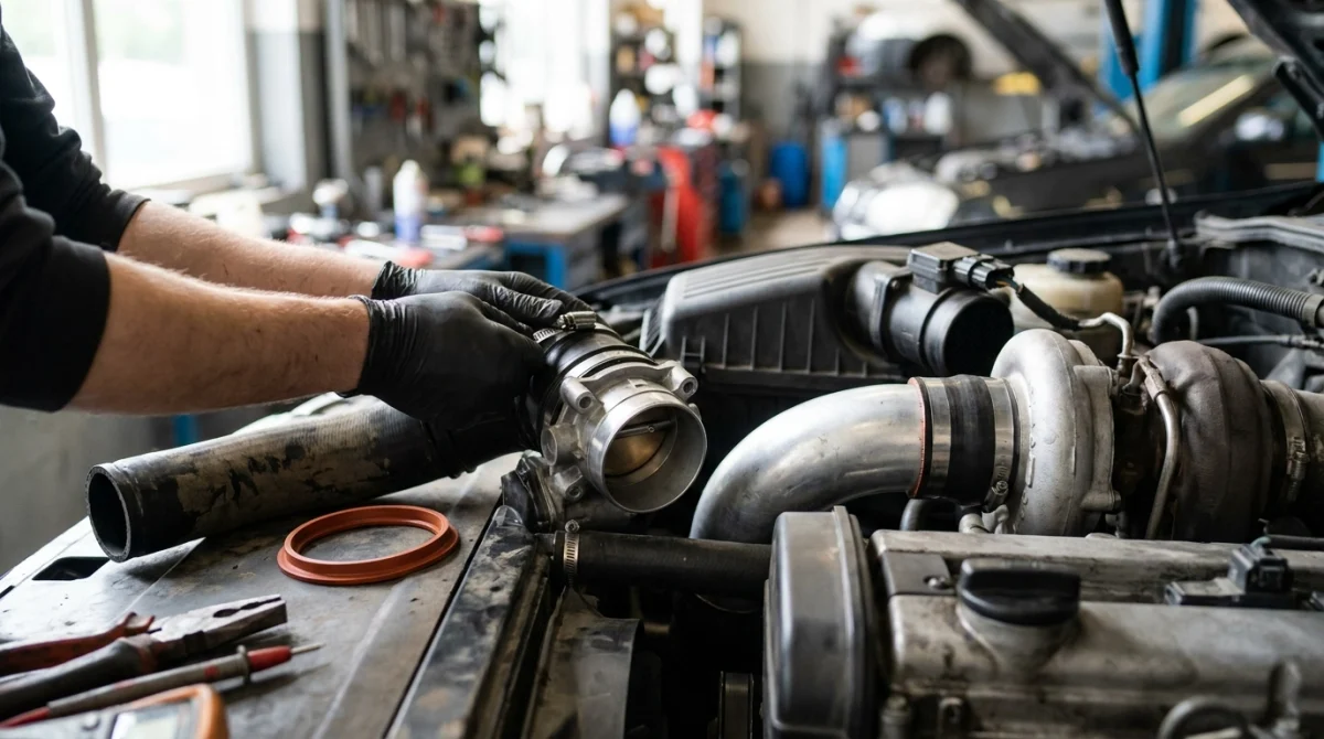 Technician repairing an intake connection after confirming the cause of a P1101 code