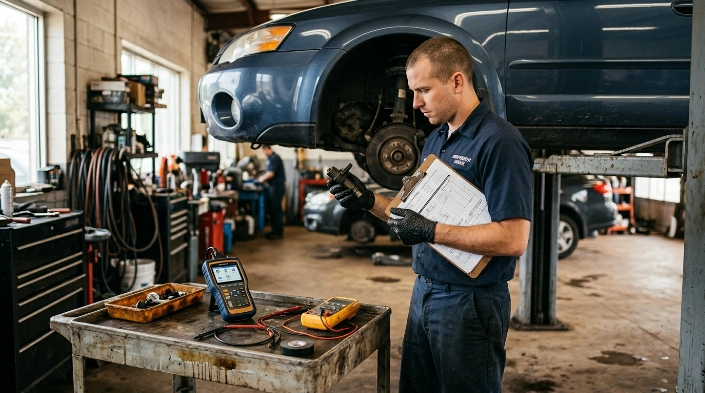 Technician assessing P0715 repair cost using a speed sensor, diagnostic scanner, and wiring test tools.