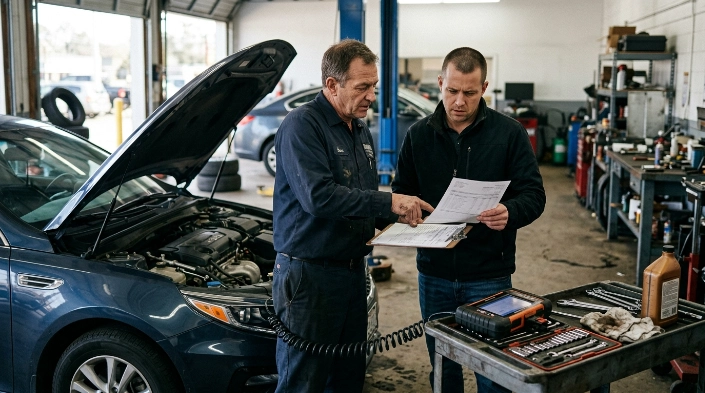 Mechanic and driver reviewing a P0730 repair cost estimate in a transmission repair shop