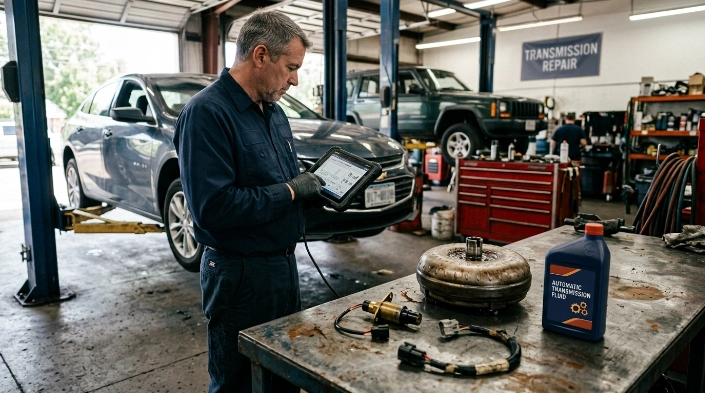 Technician diagnosing P0740 repair cost with torque converter, solenoid, wiring and fluid nearby