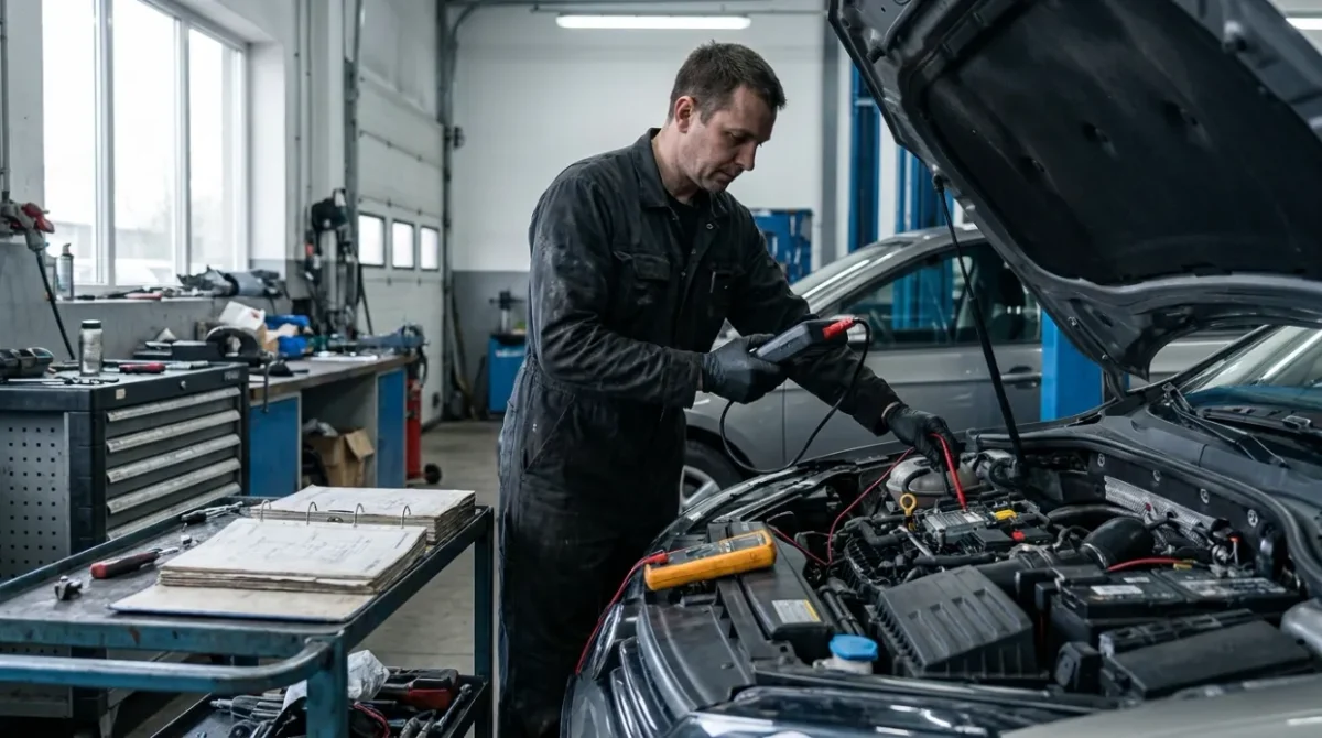 Technician performing systematic P0606 diagnosis with scan, battery, wiring, and module checks.