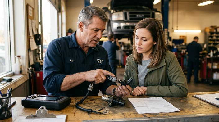 Technician repairing possible P0730 causes including wiring, speed sensor, solenoid and transmission components