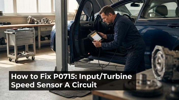 Technician using an OBD2 scanner while diagnosing how to fix P0715 transmission code