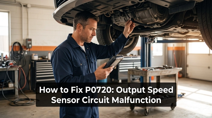 Technician diagnosing how to fix P0720 using an OBD2 scanner and transmission wiring checks