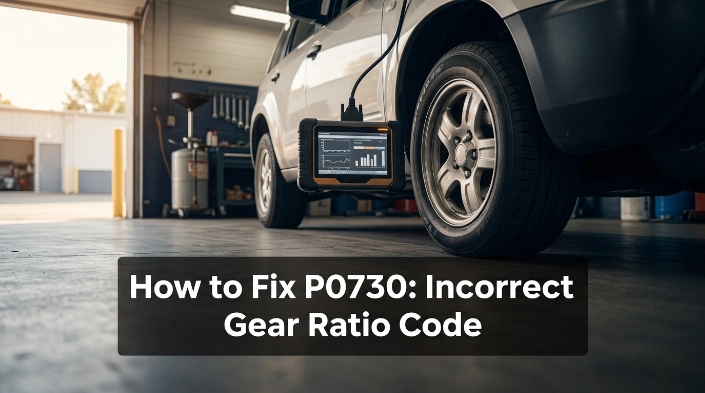 Mechanic diagnosing how to fix P0730 incorrect gear ratio with an OBD2 scanner