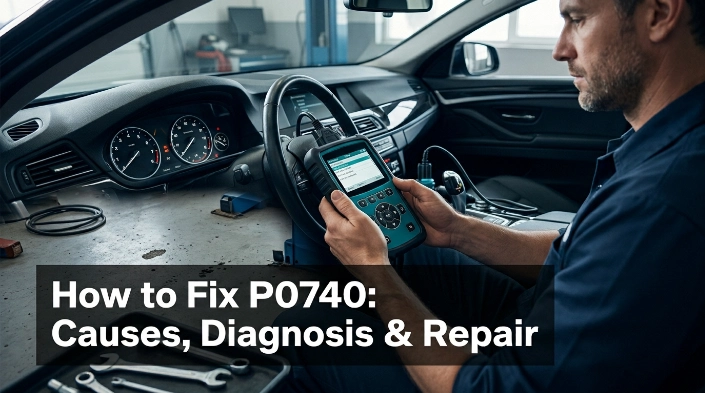 Technician using an OBD2 scanner to diagnose how to fix P0740 transmission code
