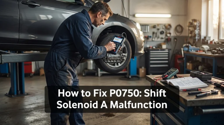 Technician using an OBD2 scanner to diagnose and fix P0750 shift solenoid A malfunction