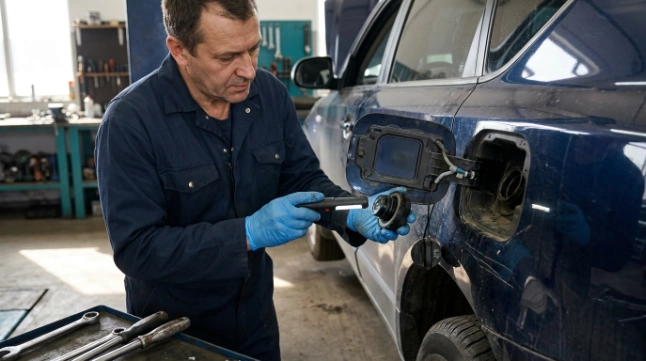 Technician checks fuel-cap seal and EVAP vapor lines while diagnosing common P0442 causes.
