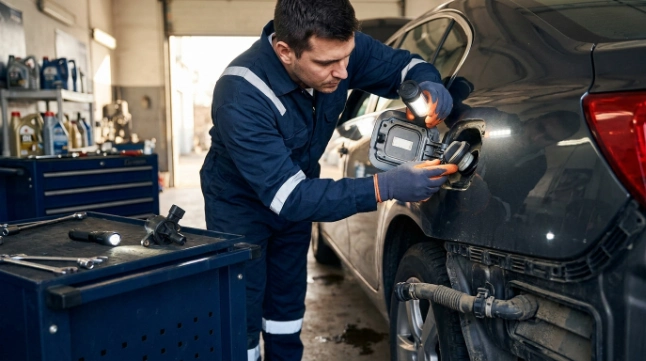 Technician inspecting fuel cap, filler neck, and EVAP lines while diagnosing how to fix P0442