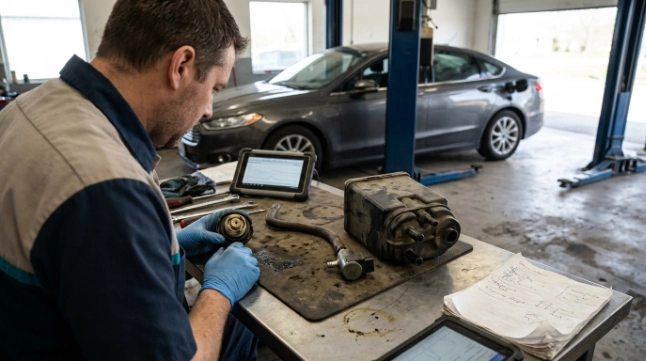 EVAP parts showing why P0442 repair cost varies from a fuel cap to canister replacement