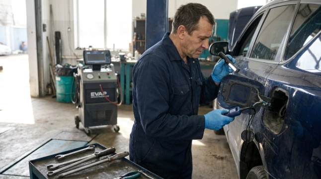 DIY P0442 inspection with an OBD-II scanner, fuel cap and EVAP hose beside professional diagnostic equipment.