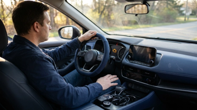 Driver checking a steady check-engine light while deciding whether it is safe to drive with P0442