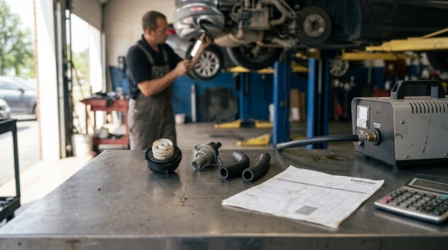 EVAP repair parts illustrating repair costs after diagnosing what does P0455 mean.
