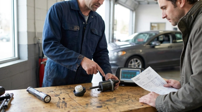 Technician reviewing P0455 repair cost after diagnosing an EVAP system fault
