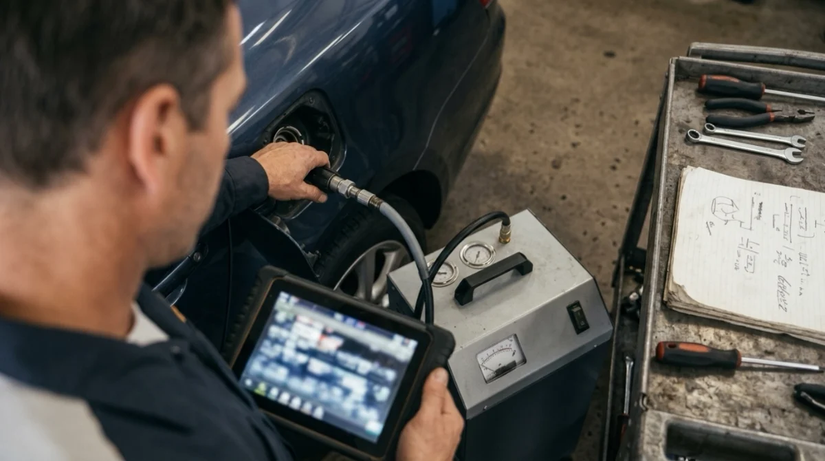 Technician using an OBD2 scanner and smoke test to diagnose P0455 causes