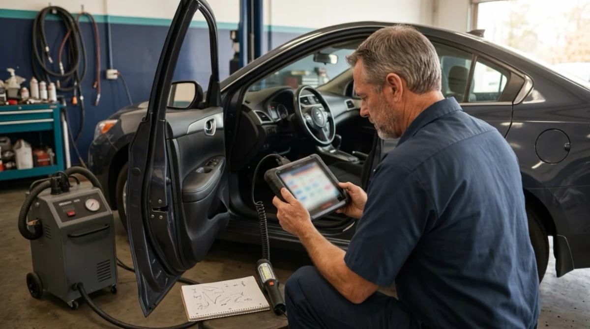 Technician using an OBD2 scanner during P0455 diagnosis with EVAP smoke-test equipment nearby