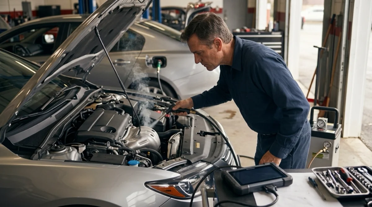 Technician using an OBD2 scanner and smoke machine to diagnose a P0455 EVAP large leak.