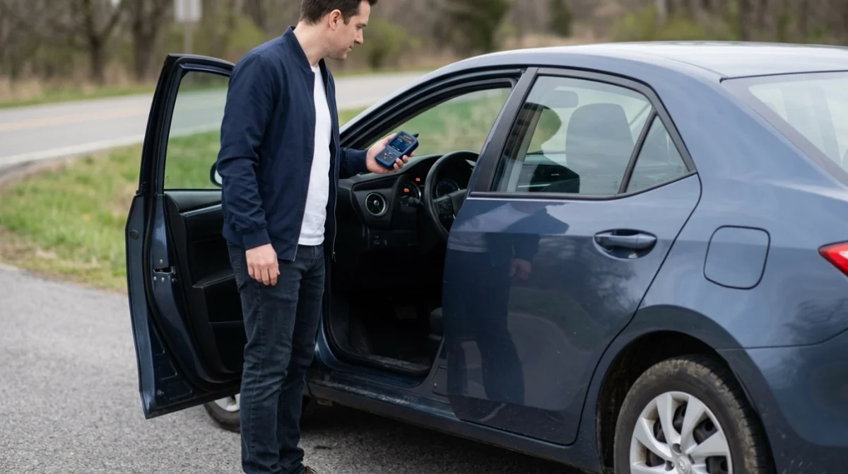 Driver checking a P0456 code and steady check engine light before deciding whether to continue driving.