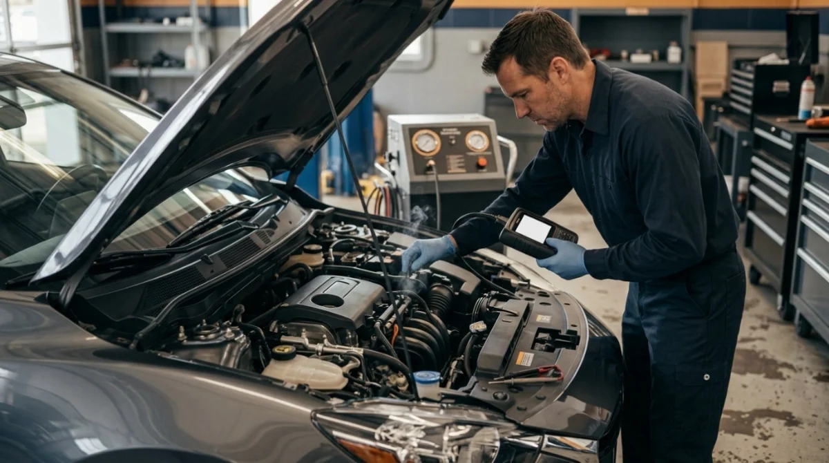 Technician diagnosing P0456 with an OBD2 scanner, EVAP hose inspection, and professional smoke tester