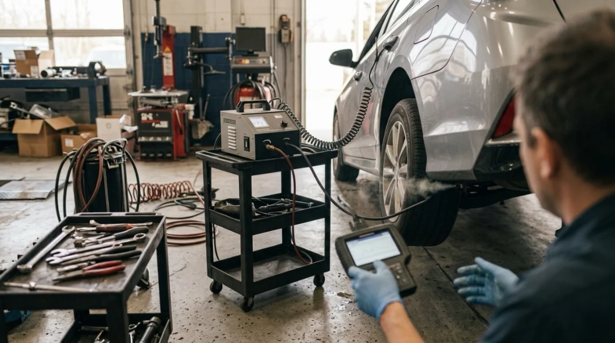 Mechanic diagnosing P0456 causes with an OBD2 scanner and professional EVAP smoke machine.