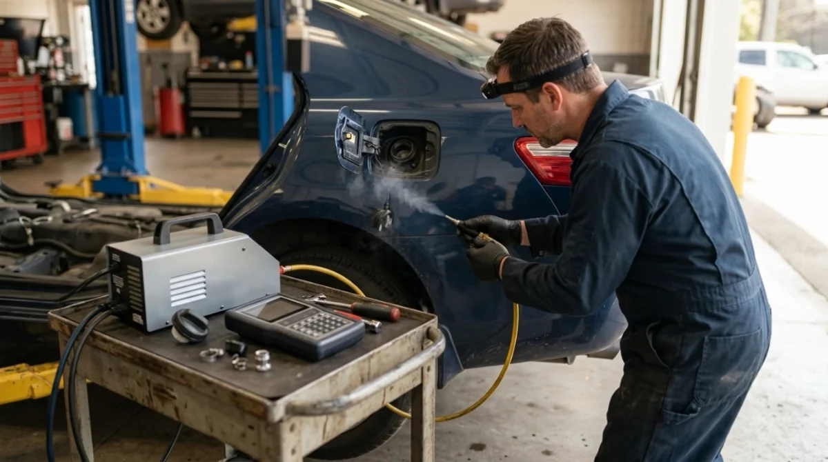 Technician using OBD2 scanner and smoke tester to diagnose a P0456 small EVAP leak