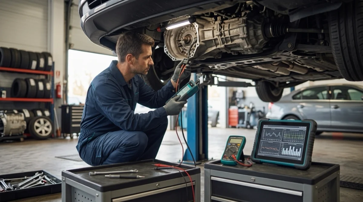 Technician diagnosing P0500 using OBD2 live data, wiring inspection, and electrical testing