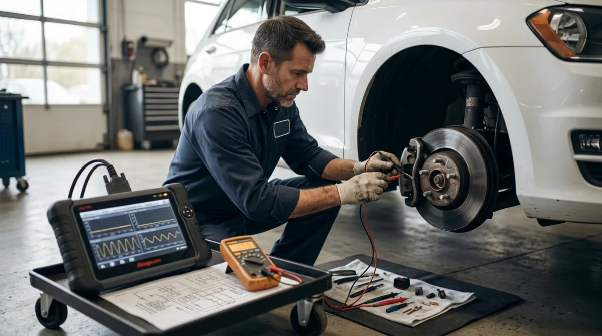 Technician diagnosing P0500 with OBD2 live data, wheel-speed sensor inspection, wiring, and multimeter testing.