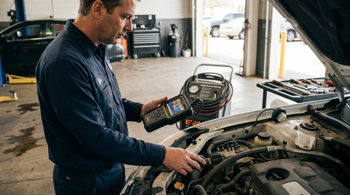 Technician diagnosing P0441 with scan data, EVAP inspection tools, and a smoke tester in a repair bay.