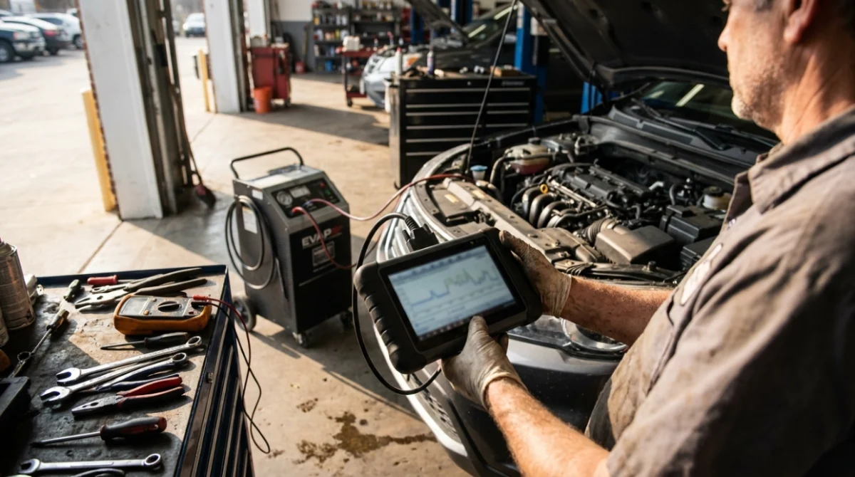 Technician diagnosing P0441 using an OBD2 scanner beside an open engine bay.