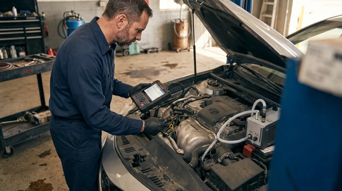 Technician diagnosing P0441 with scan tool, EVAP inspection and automotive smoke testing.