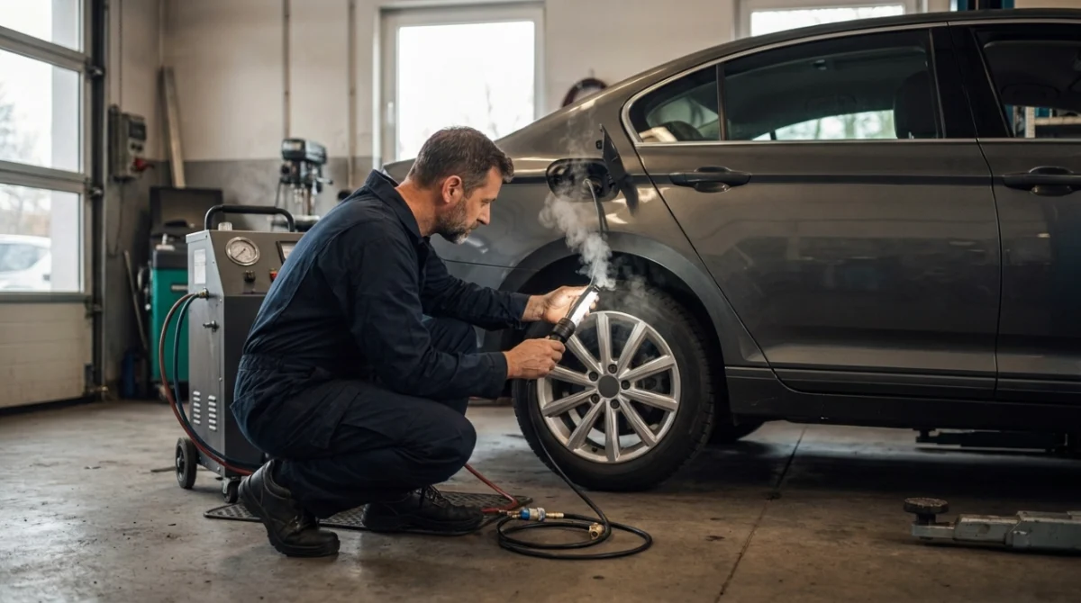 Technician performing an EVAP smoke test to diagnose a hidden P0442 small leak.