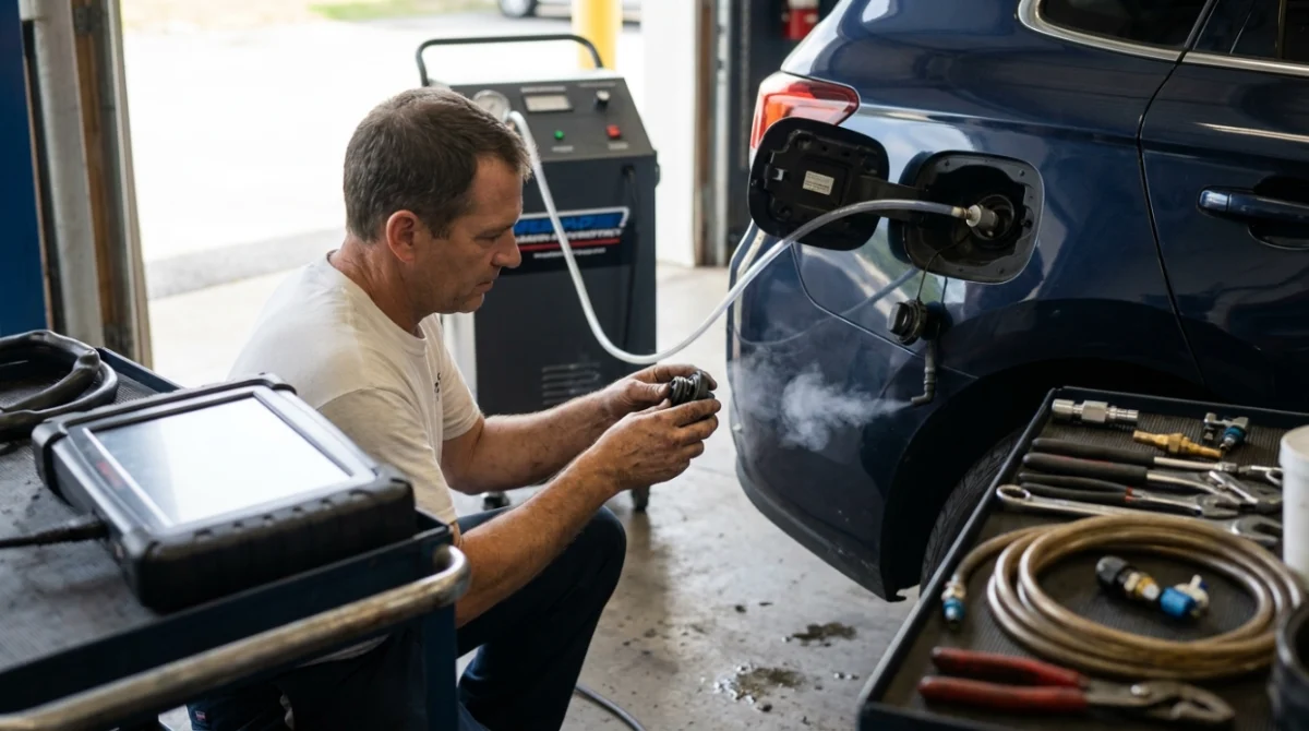 Technician diagnosing P0442 with a fuel-cap inspection, scan tool and EVAP smoke test.