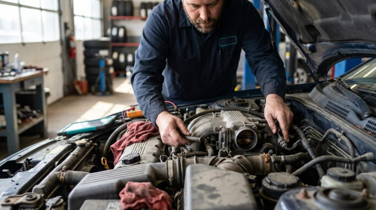 Mechanic inspecting vacuum hoses, throttle body, and wiring for common P0505 causes