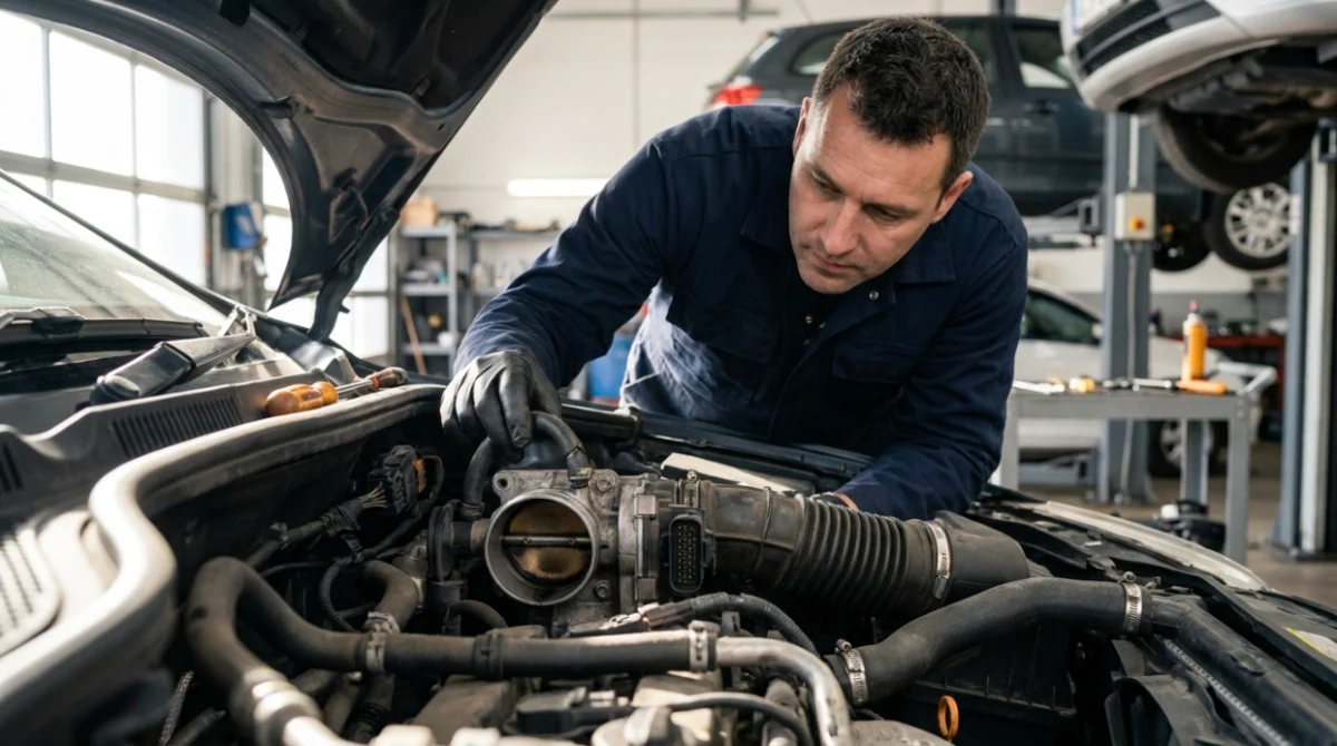 Technician checking intake hoses, throttle body and wiring for common P0505 causes