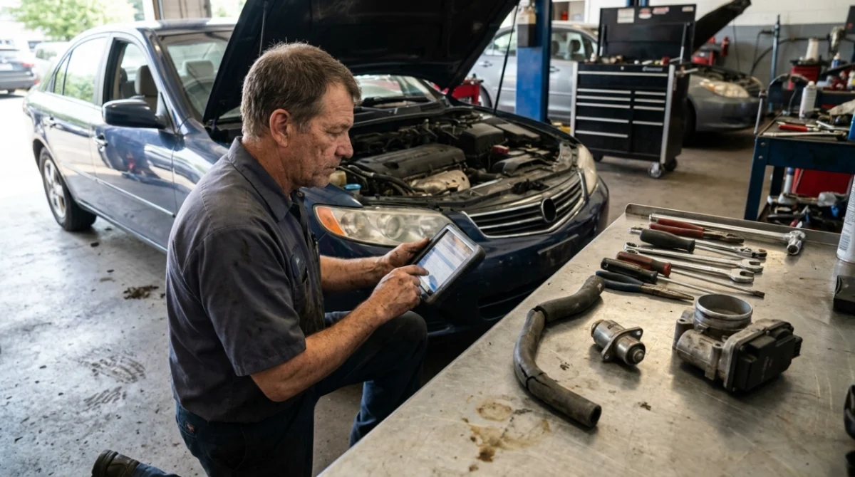 Mechanic diagnosing possible P0505 causes including vacuum, IAC valve, and throttle-body faults.