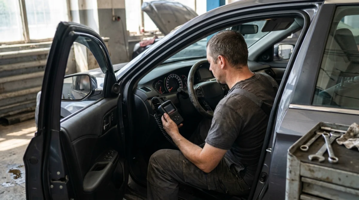 P0507 symptoms shown by a technician checking an unusually high warm idle with an OBD2 scanner.
