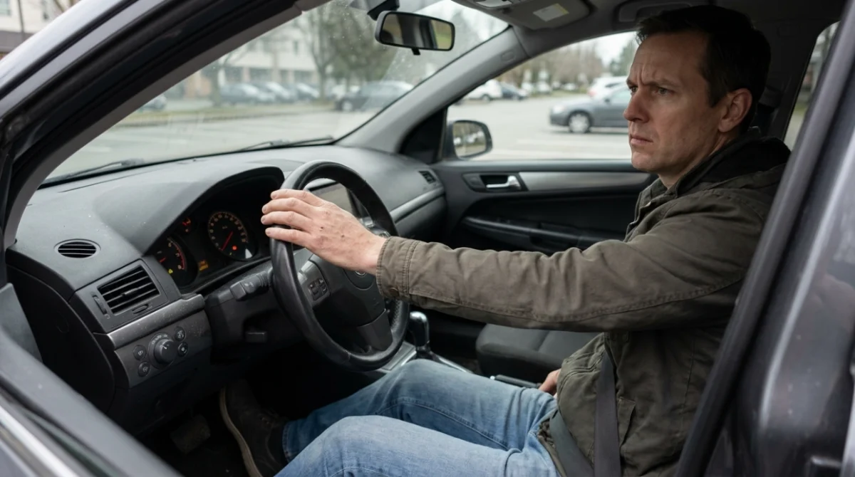 Driver holding the brake while monitoring P0507 symptoms and unusually high idle before driving.