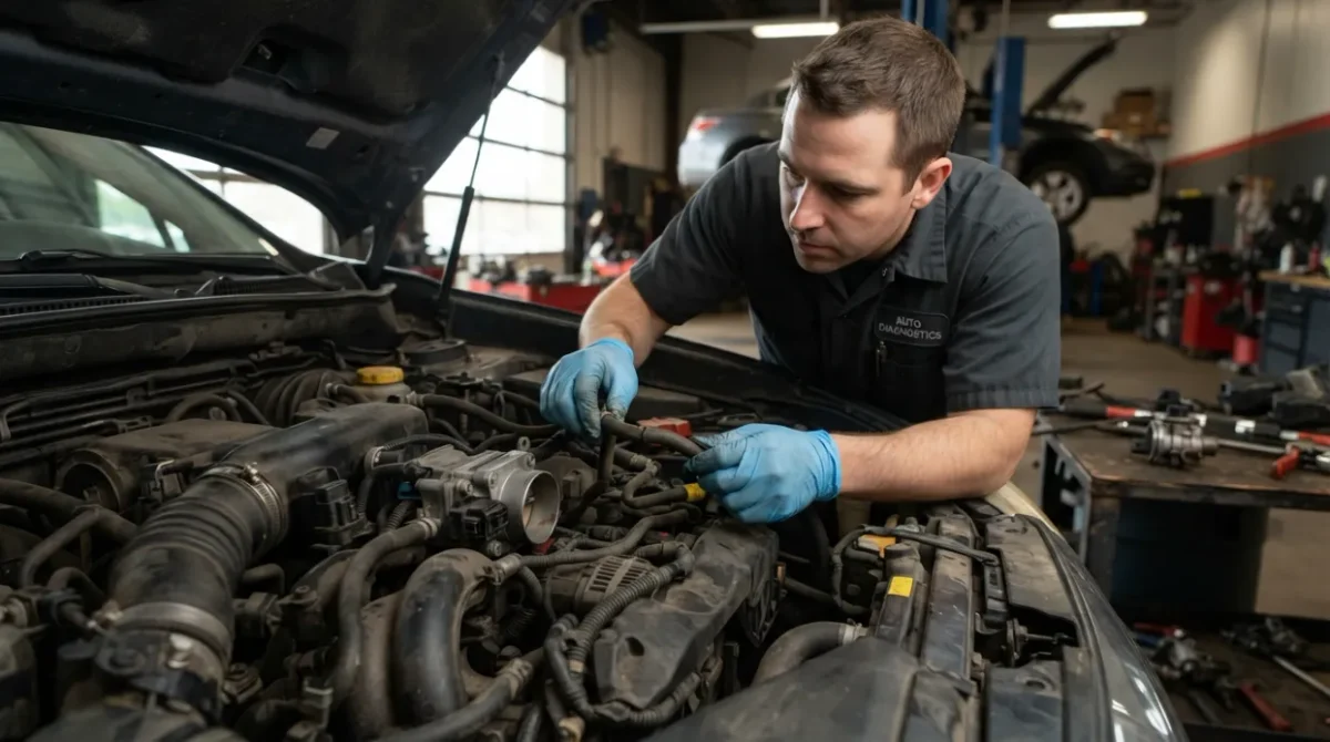 Technician inspecting vacuum hoses, throttle body, PCV and purge connections for common P0507 causes.