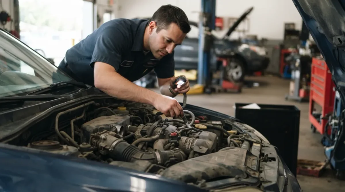 Technician inspecting vacuum hoses, PCV plumbing, intake connections, and throttle body for P0507