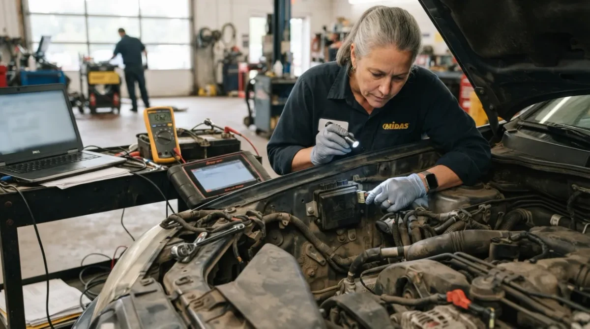 Technician checking battery, PCM wiring, grounds, and connectors while diagnosing P0606 causes